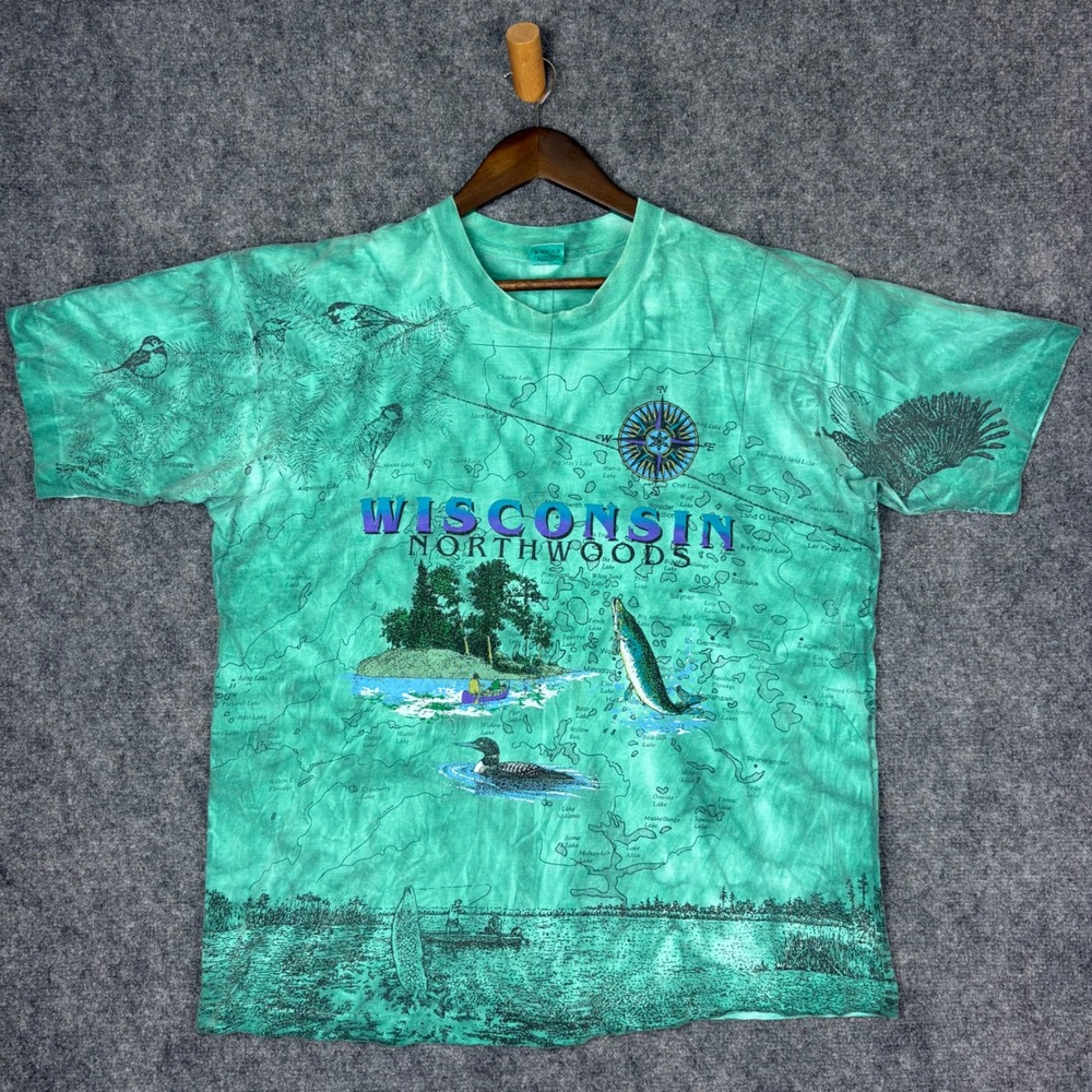 Vintage Fruit of the Loom Wisconsin Northwoods T-Shirt XL Teal Tie Dye AOP USA